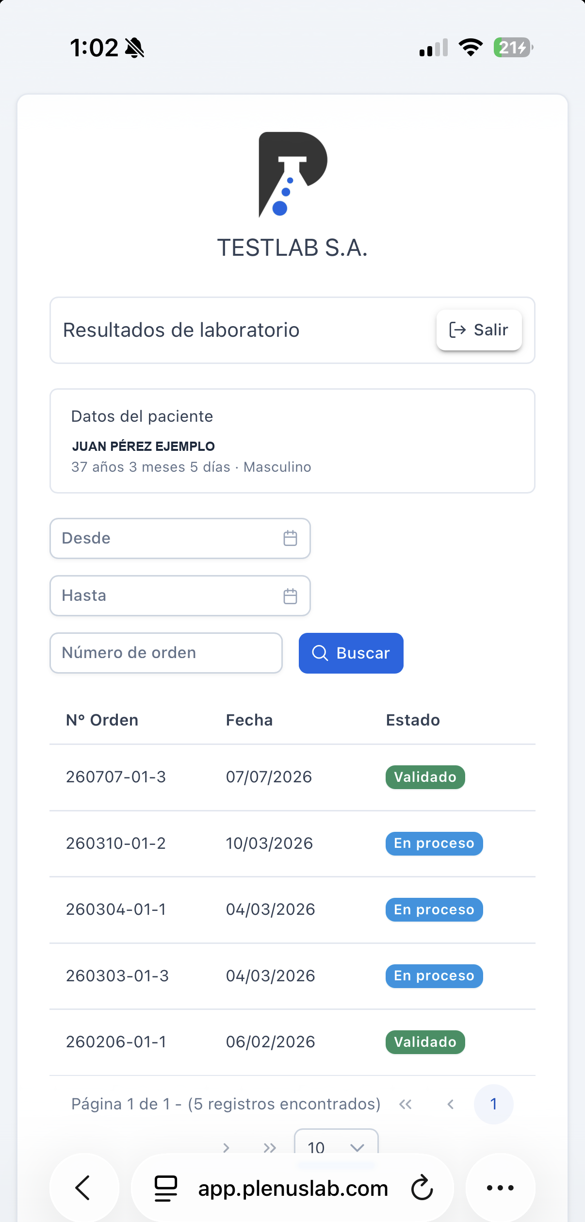 Captura de PlenusPortal mostrando el listado de resultados de un paciente, con estados Validado y En proceso